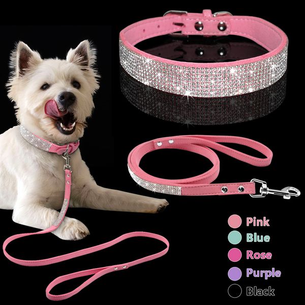 

adjustable suede leather puppy dog collar leash set soft rhinestone small medium dogs cats collars walking leashes pink xs s m