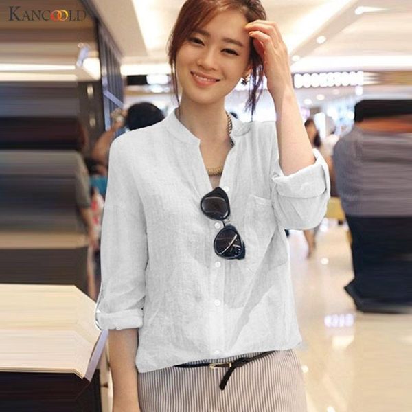 

kancoold shirt fashion women three quarter sleeve stand casual linen solid shirts button casual new shirts women 2019 nov81, White