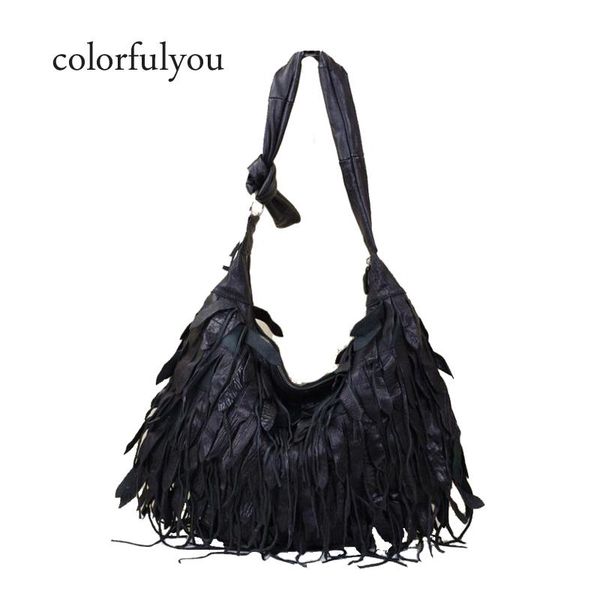 

new genuine leather women handbag black tassel bags 100% sheepskin shoulder bag for ladies casual larger capacity crossbody bags