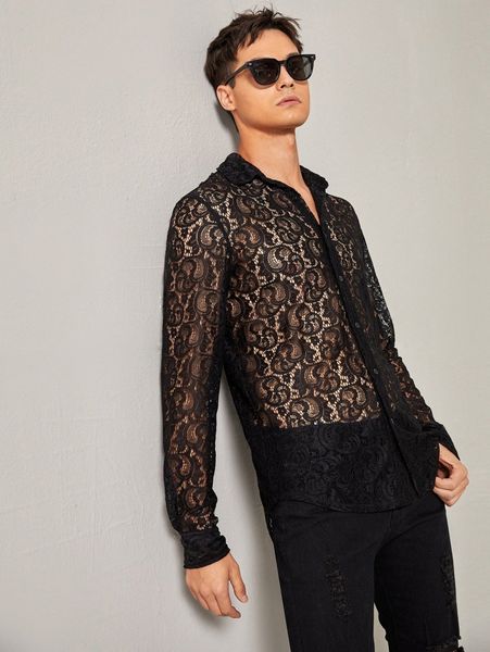 

men button front scroll lace shirt g5oz#, White;black