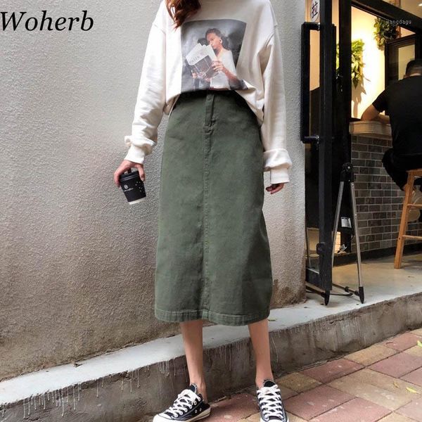 

woherb long skirt women casual high waist denim skirts korean vintage jupe longue 2020 new style green skirt 209111, Black