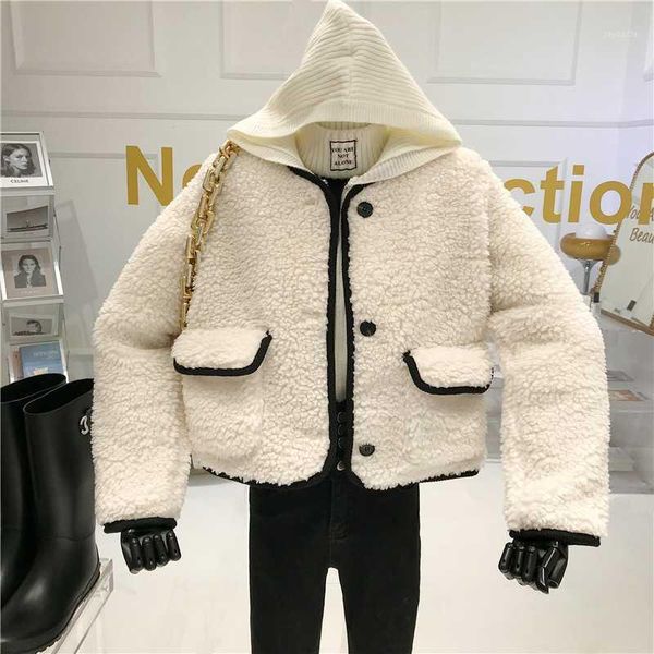 

thick slouchy round neck lamb hair women autumn/winter 2021 new loose color contrast edge plush, Black