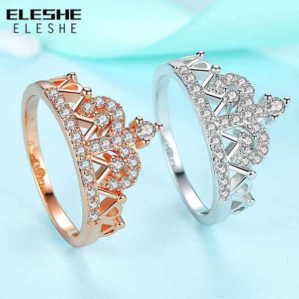

eleshe new trendy luxury elegant silver color crown rings for women fashion sparkling crystal zircon engagement ring jewelry1, Golden;silver
