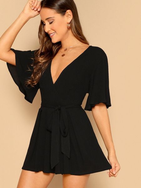 

deep v neck flutter sleeve belted romper k3zt#, White