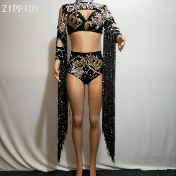 

flashing rhinestones long tassel sleeves short women's dance birthday celebrate outfit singer bar show outfit set1, Black;red