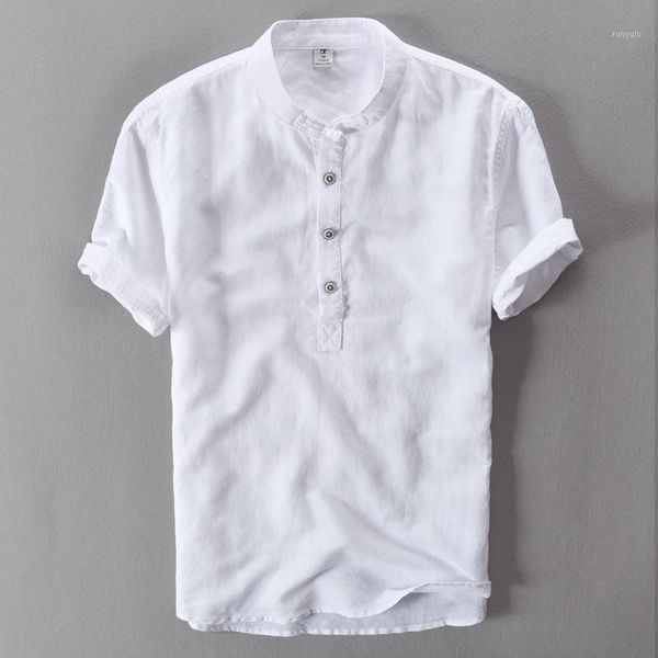 

stand collar men's short sleeve linen cotton shirt with botton white green blue chinese style summer casual shirts men new1, White;black
