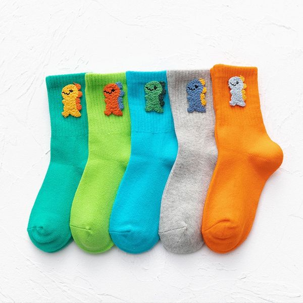 

autumn and winter children's medium children's socks glittering color crocodile dinosaur floret smiling face embroidered combed co, Black
