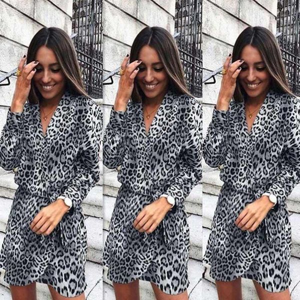 

party dress women v-neck leopard print shirt dress 2020 spring summer office elegant ladies wrap loose mini1, Black;gray