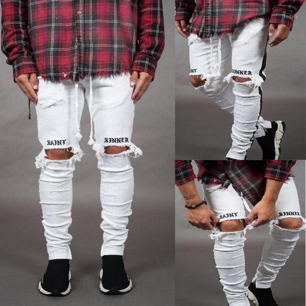 

men's side stripe white pencil jeans skinny ripped knee holes letter printed denim pants hip hop rock fashion trousers jean male1, Blue