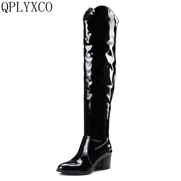 

qplyxco new boots shoes woman big & small size 32-48 patent leather long boots over the knee high winter women shoes dm857, Black