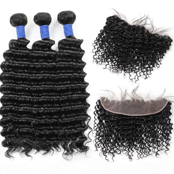 

10a brazilian deep wave 3bundles with 13*4 lace frontal peruvian malaysian indian virgin human hair bundles with closure wholesale price, Black