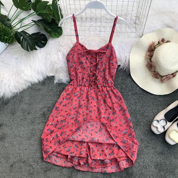 

women floral print playsuit lace up chest stretchy suspender chiffon playsuits summer beach chiffon clothes outfits-c1, Black;white