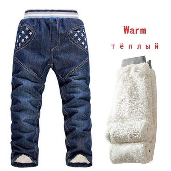 

6-10 yrs boys winter jeans children five star warm thermal cotton trousers new kids thicken plus velvet denim pants y200409, Blue
