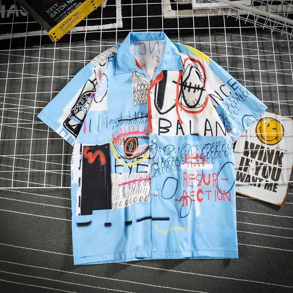 

summer korean retro graffiti print floral short-sleeved shirt trend men women couple beach travel loose lapel thin 1, White;black