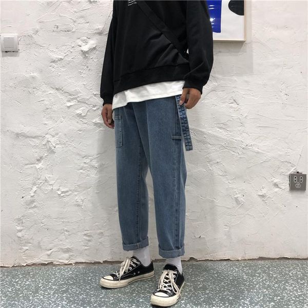 

men's jeans fall 2019 new slim solid color straight trousers nine-point jeans loose casual personality youth men's wear1, Blue