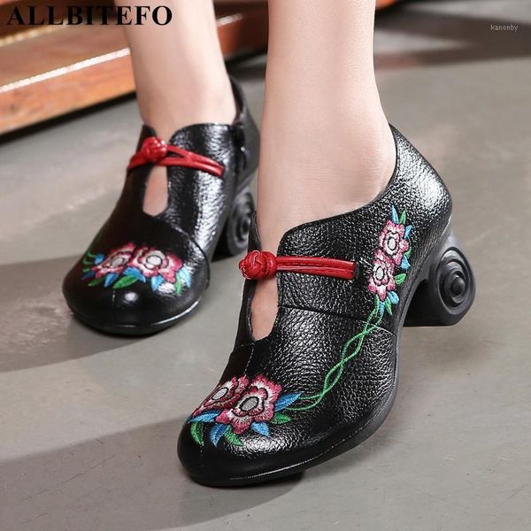 

dress shoes allbitefo embroidery flower soft genuine leather fashion leisure high heel thick girls women heels heels1, Black