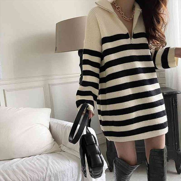 

Autumn Winter Knitted Sweater Women Elegant Striped Pullover Ladies Sweaters Dress Loose Long Sleeve Tops Jumpers Pull Femme, White;black