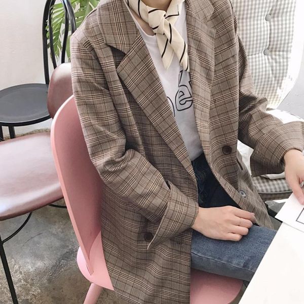 

2020 vintage plaid autumn office ladies suit jacket double breasted long sleeve oversize blazer korean womens blazer coat1, White;black