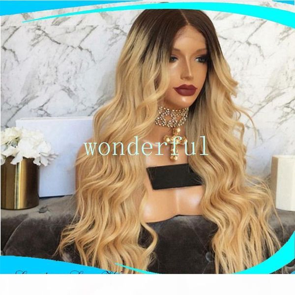 

ombre black blonde natural wave soft long black glod lace front wig synthetic hair