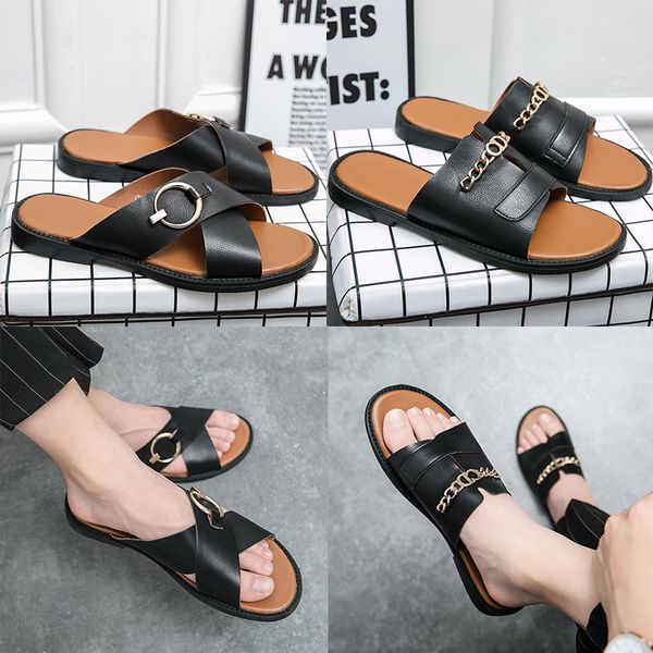 

luxury brand metal button designer slippers mayari florida arizona men flats black sandals genuine leather slippers casual shoes beach flip