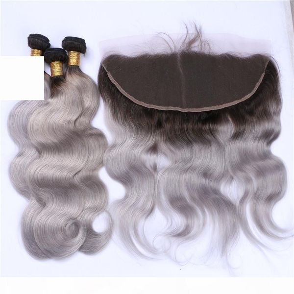 

silver grey dark root virgin brazilian ombre human hair 3bundles with frontal ombre body wave 1b grey 13x4 lace frontal with weaves, Black;brown
