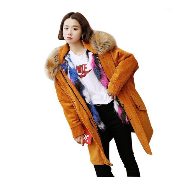 

parka coat women hooded fur cotton coat 2020 winter new faux fur detachable long parka woman warm jacket ljj0211, Black