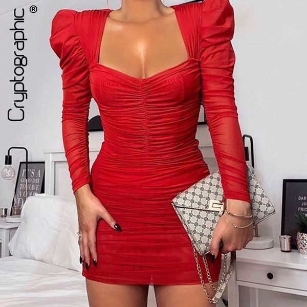 

cryptographic square collar spring sheer mesh ruched mini dresses female zipper bubble long sleeve party club dress bodycon y200418, Black;pink