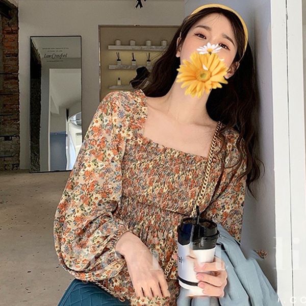 

2021 new puff floral blouse long sleeve square collar korean 2021 spring flower shirt women casual office ie2m, White