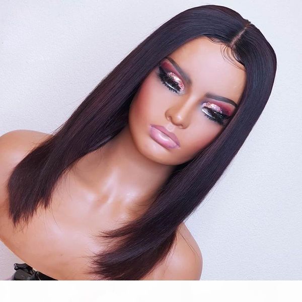 

jet black long straight bob wig 5x5 pu silk base wig lace front human hair wigs middle part with natural hairline, Black;brown