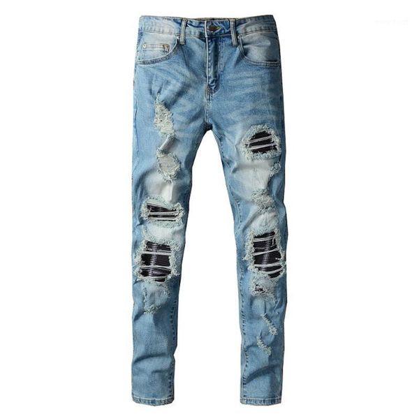 

men's pleated patchwork ripped slim skinny jeans streetwear holes stretch denim pants light blue trousers1