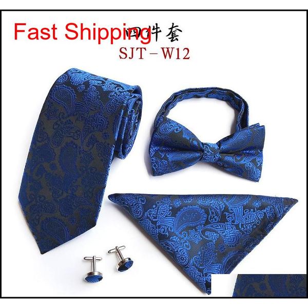 

4 pcs men necktie set bowtie cashew flowers necktie skinny 8cm men tie dress handkerchief pocket qylawj queen66, Blue;white
