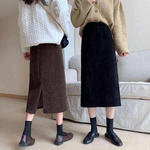 

chic casual skirt woman spring korean solid simple versatile ins fashion high waist mid-length corduroy skirt, Black