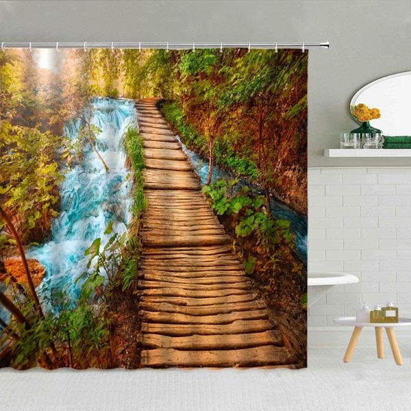 

shower curtains natural scenery curtain wooden bridge river mountain green plant spring landscape bathroom decor waterproof set