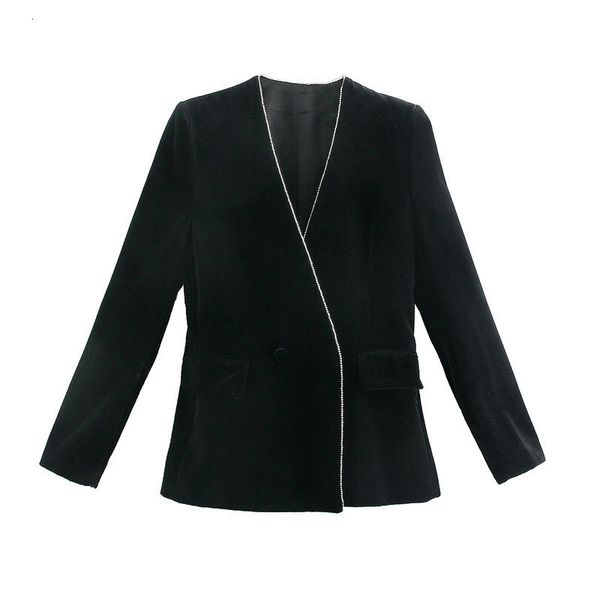 

new women velvet black blazer woman 2021 autumn v neck long sleeve double-breasted female jacket office casual coat 5u74, White;black