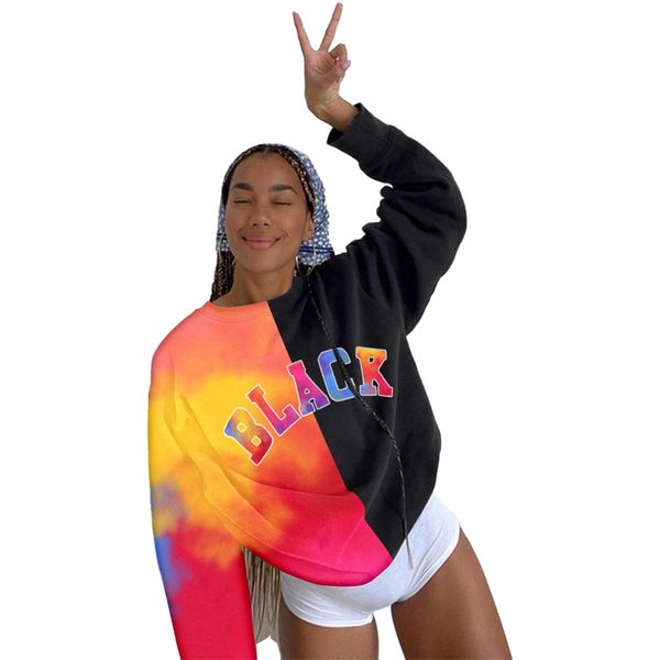 

womens designer tie dye hoodies long sleeve crew neck letter print panelled sweatshirts fashion casual loose female clothing, Black
