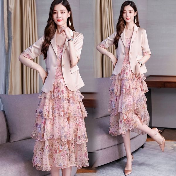 

elegant blazer dress suits for office lady spring summer slim cascading ruffle sleeveless floral dress 2 piece set women f2 t200630, Black;gray