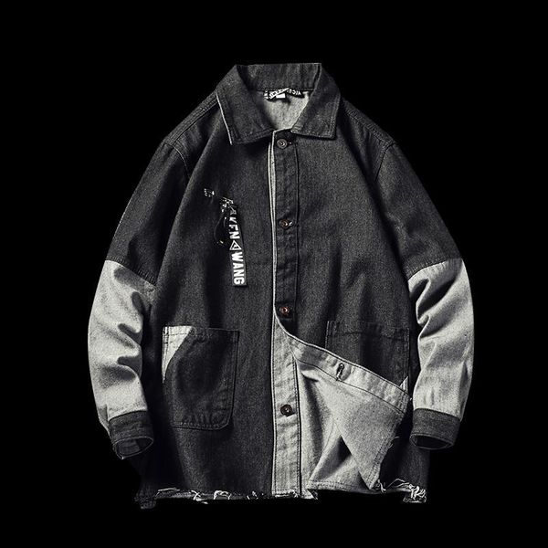 

men's fashion slim denim splice jacket men's casual bomber jacket hip hop retro denim streetwear, Black;brown