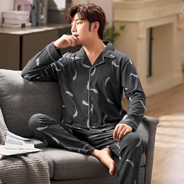

men's sleepwear 5xl full cotton pijama for men 2piece lounge pyjamas print autumn home clothes man pure pajamas set, Black;brown
