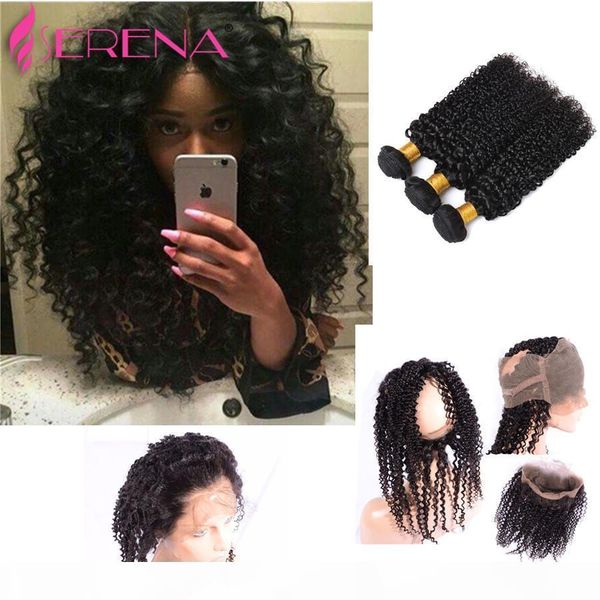

brazilian deep wave with closure 3 bundles brazilian ear to ear lace frontal human deep curly hair 360 lace frontal with bundles, Black;brown