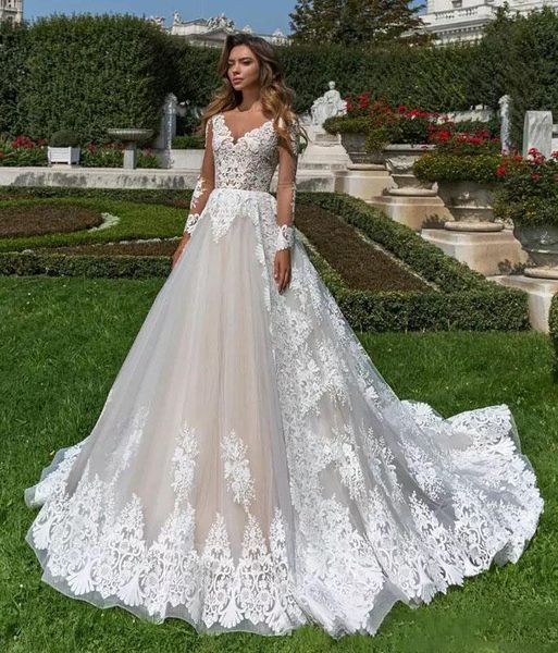 

romantic long sleeves lace wedding dresses 2021 with appliques sheer bateau neck court train a line bridal gowns robe de mariee, White