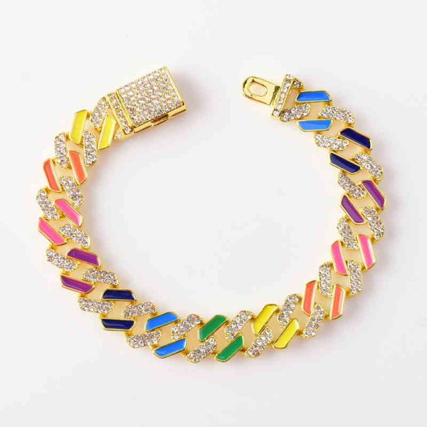 

new dign 12mm cuban chain bracelet iced out diamond colorful enamel bracelet, Golden;silver