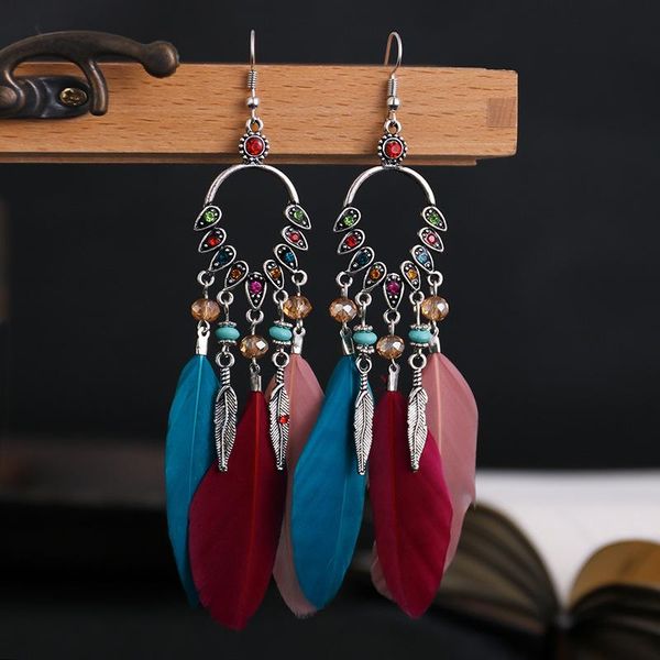 

dangle & chandelier bohemian vintage feather earrings women ethnic style antique silver color alloy rhinestones crystal beads leaf tassel