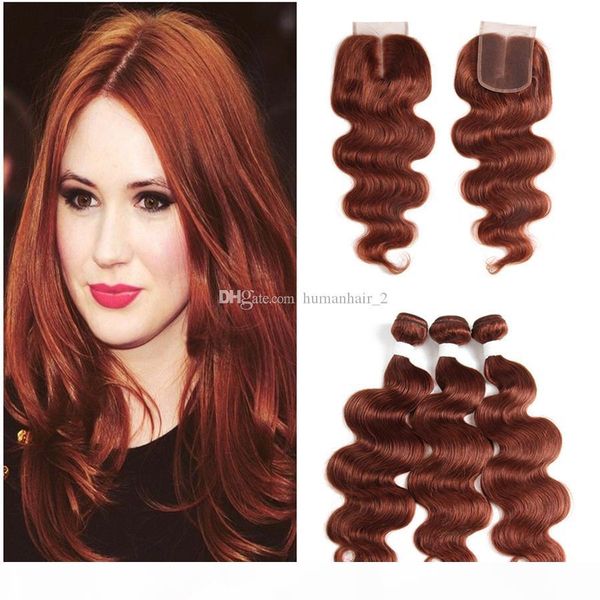 

auburn brown hair bundles with lace closure 3bundles body wave human hair weaves with 33# color 4x4 lace closure bleached knot, Black;brown
