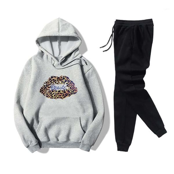 

autumn spring sport sets for women hoodies+lace up waist jogger pant lips-printed casual fitness tractsuit gym set1, Gray