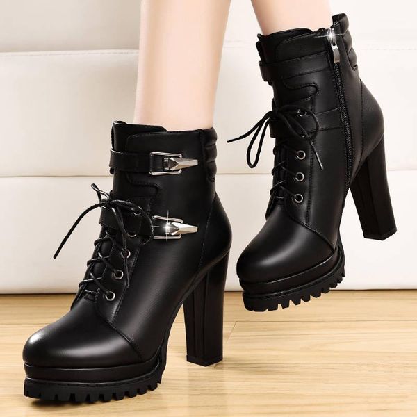 

2020 winter ankle boots women faux leather platform block chunky thick ultra high heel 10 cm gladiator shoes bootie1, Black