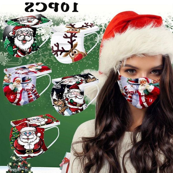 

disposable printed christmas masks new 10pcs 3-layer earloop protective mascarill navidad face cover mondkapjes