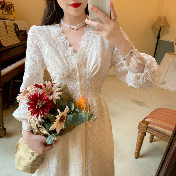 

fall 2020 new french v-neck waist slim skirt lace cut out medium length long sleeve women's dress