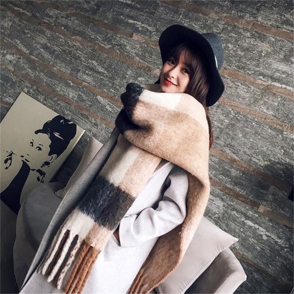 

mingjiebihuo korean fashion long shawl female autumn and winter new color mixed wild warm thick fringed scarf y201024, Blue;gray