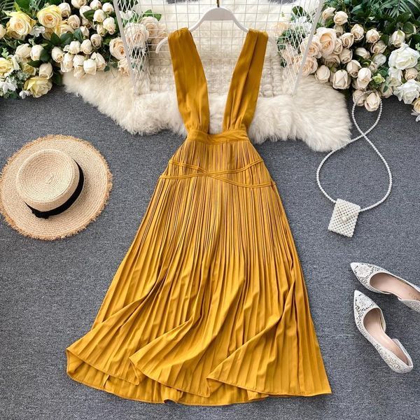 

women pleated strap dress summer sleeveless ruched a line dress new elegant solid midi long dress hong kong style, Black;gray
