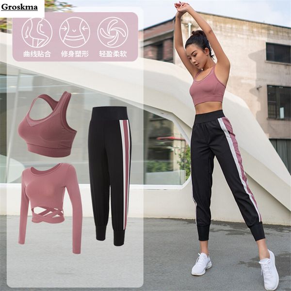 

2020 spring summer women yoga 3 piece set crop t shirt+bra+pants fitness gym sportswear clothing outdoor running suits, White;red
